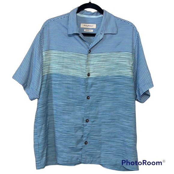 Tommy Bahama Mens Large 100% Silk Hawaiian Shirt Short Sleeve Blue Striped Soft - Picture 1 of 5